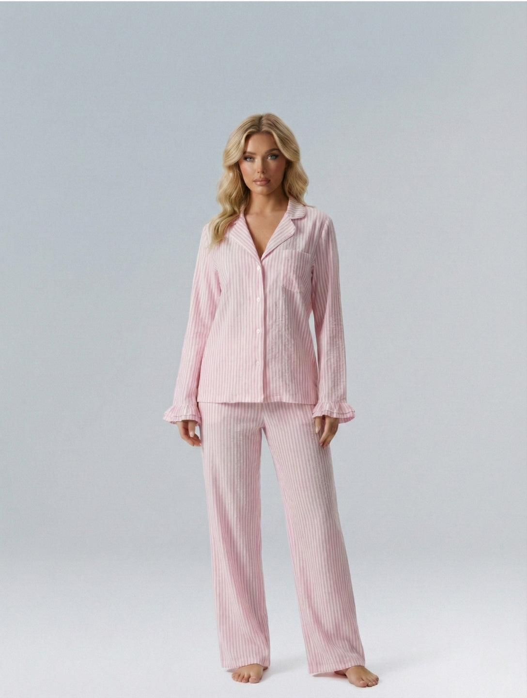 Cotton Stripe Pajama Set with Ruffle Sleeve