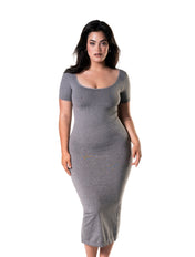 Bodycon Shapewear Midi Slit Dress with Short Sleeves