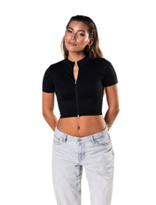 Seamless Ribbed Zip-Front Short Sleeve Crop Top