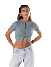 Seamless Ribbed Zip-Front Short Sleeve Crop Top